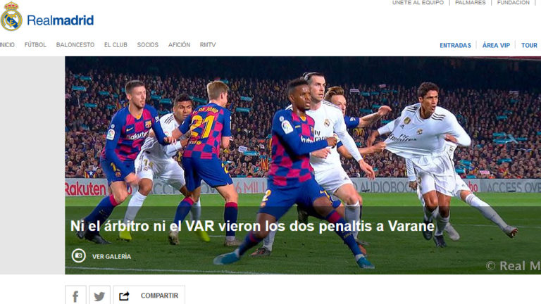 El Real Madrid se queja en su web de los dos penaltis no señalados en el Camp Nou