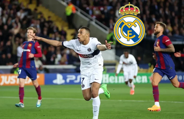 Mbappé celebrando su primer gol en Montjuic