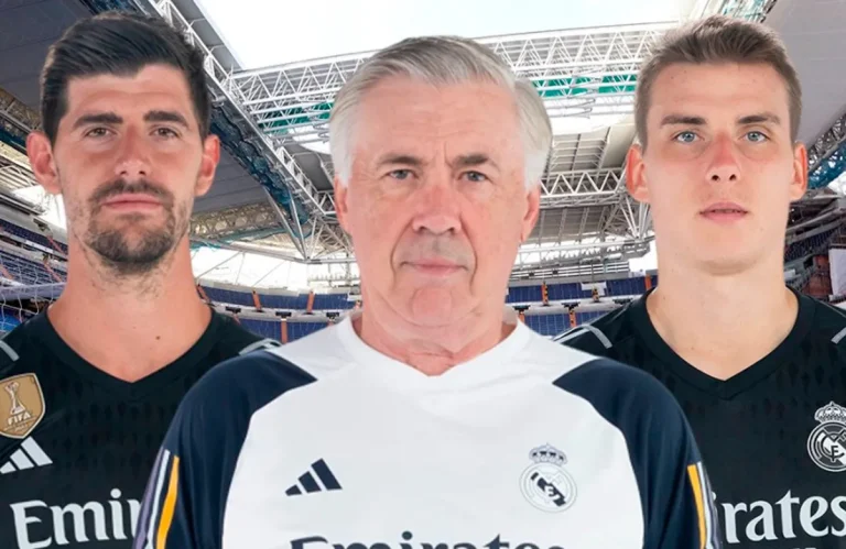Thibaut Courtois, Carlo Ancelotti y Andriy Lunin