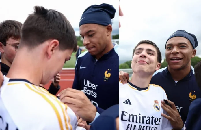 Mbappé firma una camiseta del Madrid