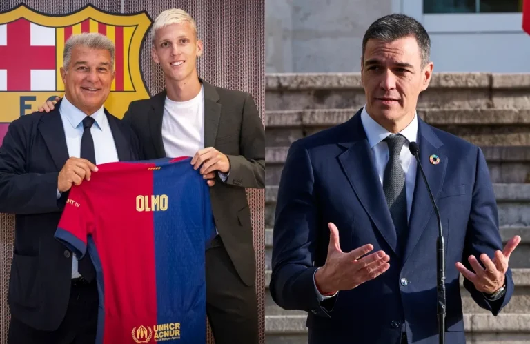 Joan Laporta, Dani Olmo y Pedro Sánchez.