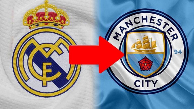 Escudo Real Madrid con flecha apuntando al City