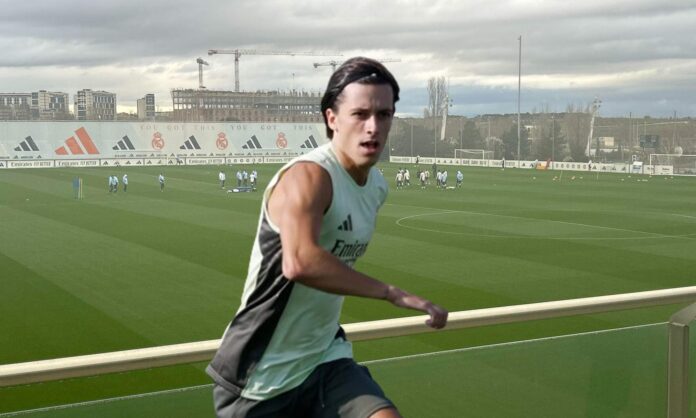 Álvaro Carreras entrenando con el Real Madrid y una foto de Valdebebas. 