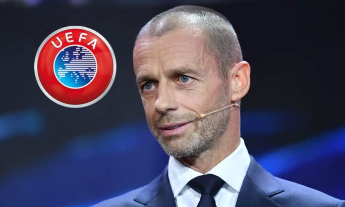 Ceferin y el logo de la UEFA.