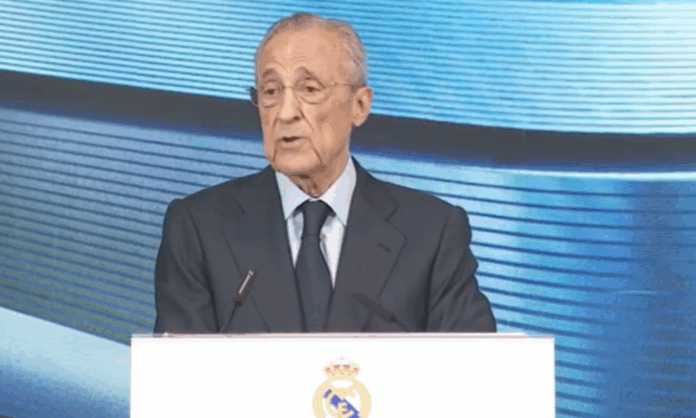 Florentino Pérez durante su discurso de bienvenida a Franco Mastantuono