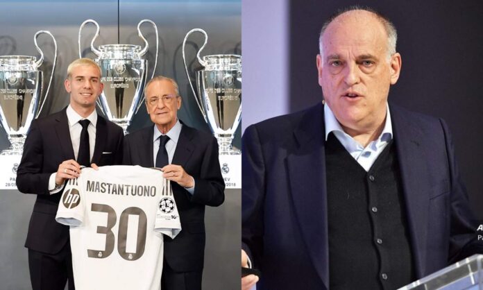 Javier Tebas arremete nuevamente contra el Real Madrid después del fichaje de Franco Mastantuono.