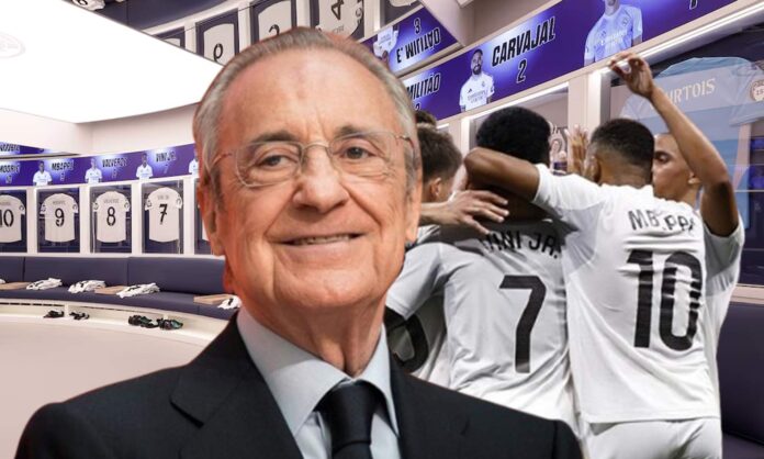 Florentino Pérez y los jugadores del Real Madrid celebrando un gol. 