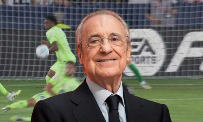 Florentino Pérez sonriendo y la mano de Balde.