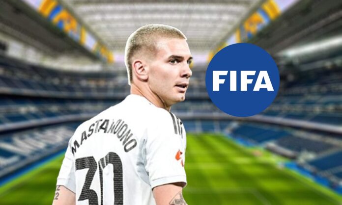 Franco Mastantuono, el logo de la FIFA y el Santiago Bernabéu.