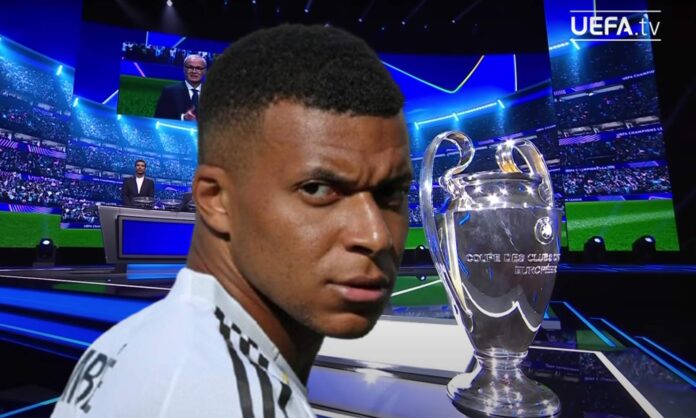 Kylian Mbappé y una captura del sorteo de la Champions League 2024/2025.