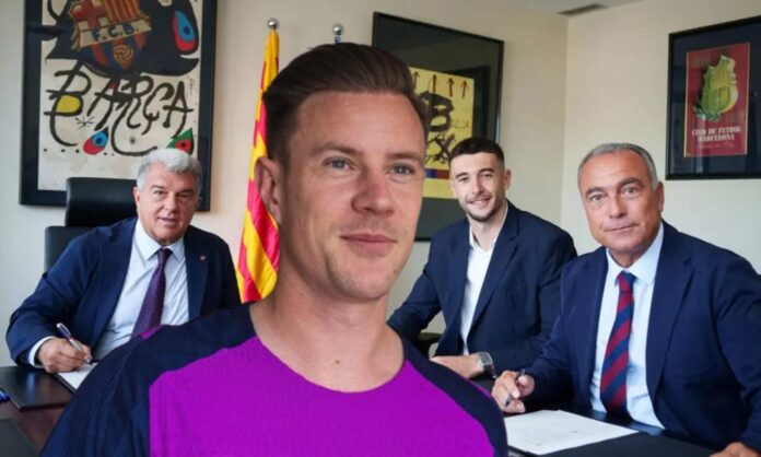 Ter Stegen y la foto de Joan Laporta y Joan García.