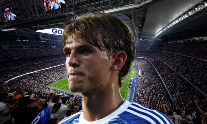 Nico Paz y una foto del Santiago Bernabéu.