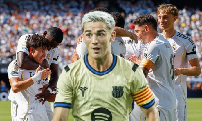 Pablo Gavi y jugadores del Real Madrid celebrando un gol. 