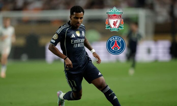 Rodrygo Goes jugando un partido con el Real Madrid y los escudos del Liverpool y el PSG.
