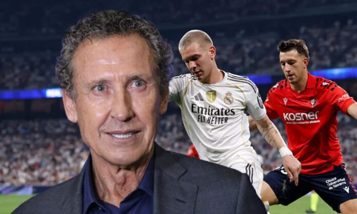 Jorge Valdano y una foto de Franco Mastantuono jugando contra el Osasuna. 