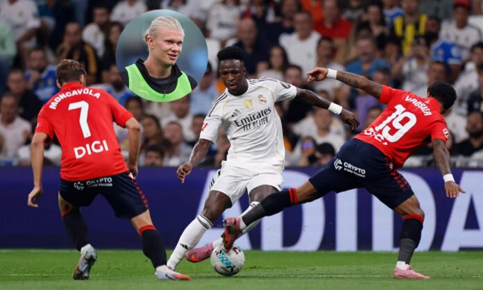Vinícius Júnior jugando contra el Osasuna y una foto de Erling Haaland. 