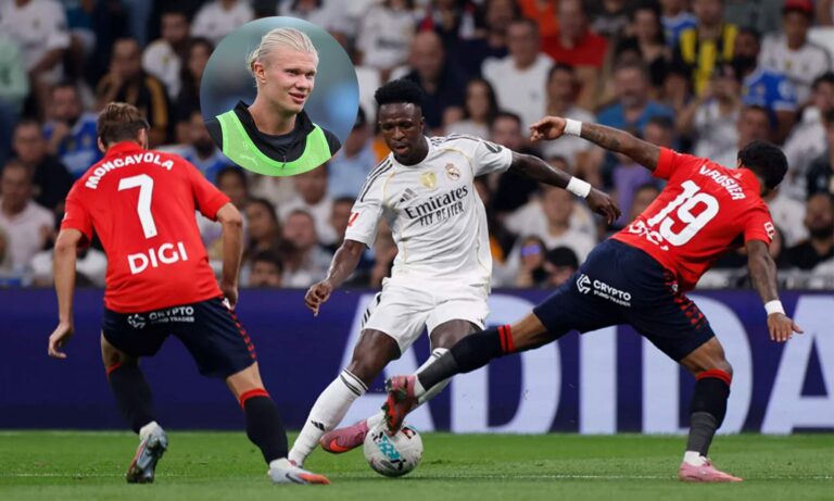 Vinícius Júnior jugando contra el Osasuna y una foto de Erling Haaland. 