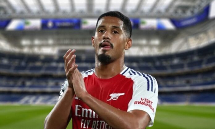 William Saliba jugando con el Arsenal y el Santiago Bernabéu.