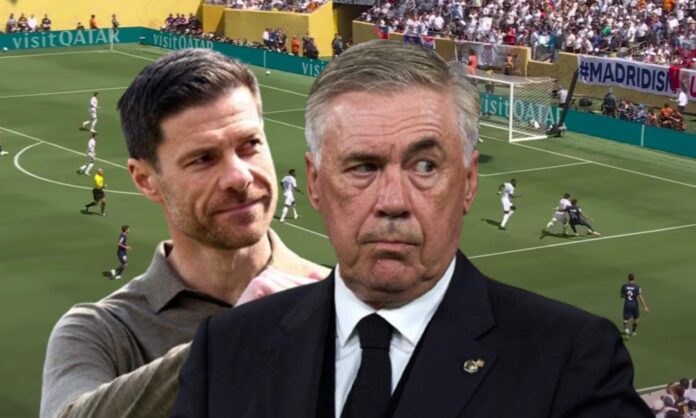 Xabi Alonso, Carlo Ancelotti y una captura de un partido del Real Madrid. 