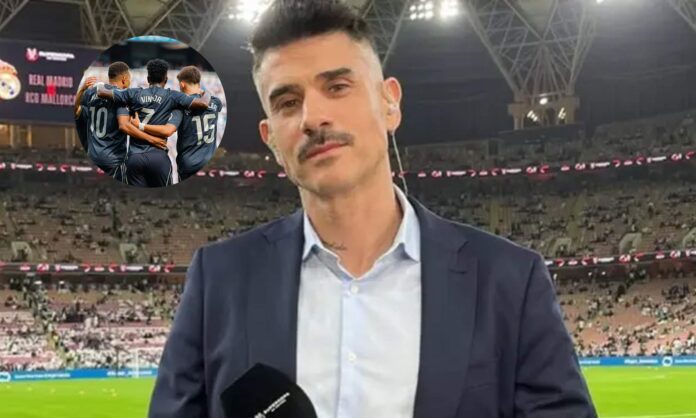 Álvaro Benito en televisión y una foto de jugadores del Real Madrid celebrando un gol. 