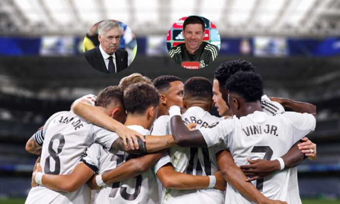 Jugadores del Real Madrid y unas fotos de Xabi Alonso y Carlo Ancelotti. 