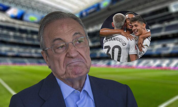 Florentino Pérez y una foto de Franco Mastantuono, Trent Alexander-Arnold y Arda Güler.