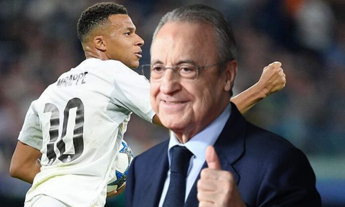Florentino Pérez y Kylian Mbappé durante un partido del Real Madrid.