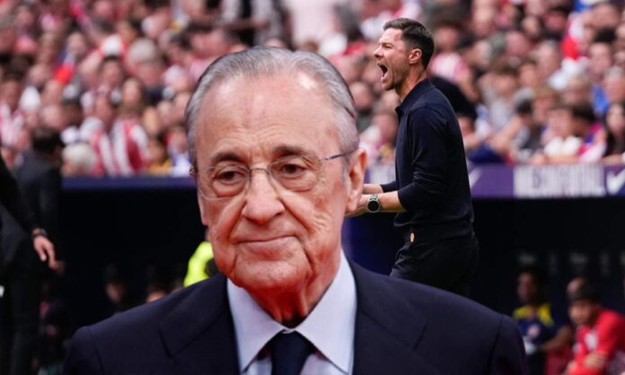Florentino Pérez y una foto de Xabi Alonso en el derbi madrileño.
