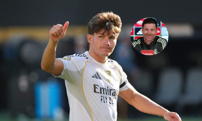 Fran García jugando con el Real Madrid y una foto de Xabi Alonso.