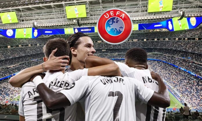 Jugadores del Real Madrid, el logo de la UEFA y el Santiago Bernabéu.