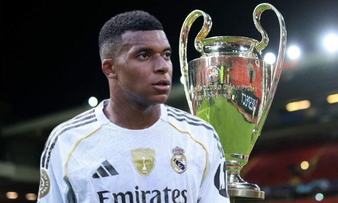 Kylian Mbappé con la camiseta del Real Madrid y una foto de la Champions League.