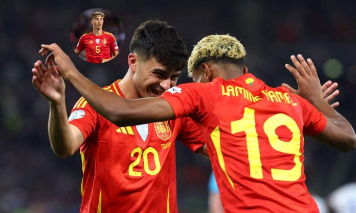 Lamine y Pedri celebrando un gol con España y una foto de Dean Huijsen.