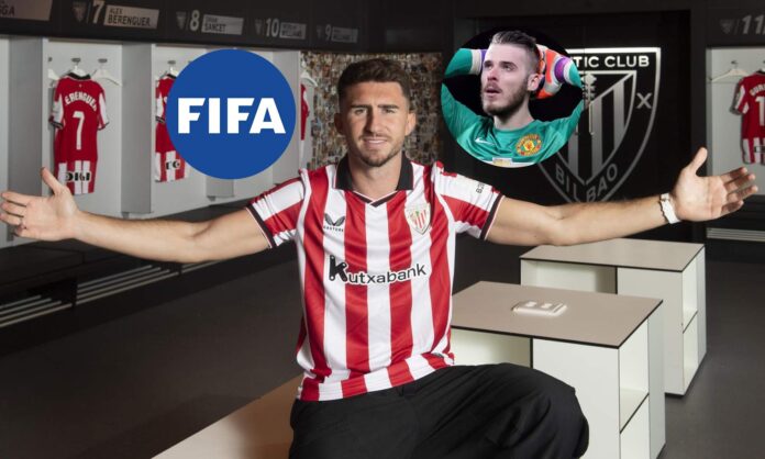Aymeric Laporte con la camiseta del Athletic Club, el logo de la FIFA y una foto de De Gea con el United.