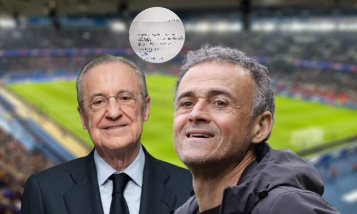 Luis Enrique, Florentino Pérez y una foto de una carta del Real Madrid.