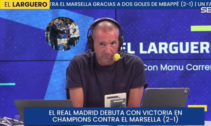 Manu Carreño en El Larguero y una foto de Xabi Alonso y Vinícius Júnior.