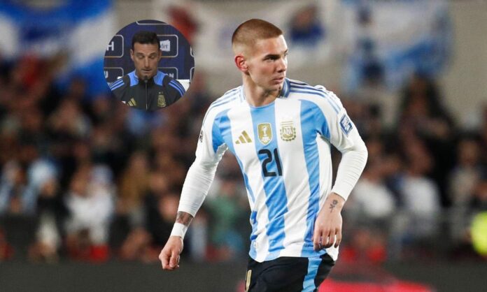 Franco Mastantuono jugando contra Venezuela y una foto de Scaloni.