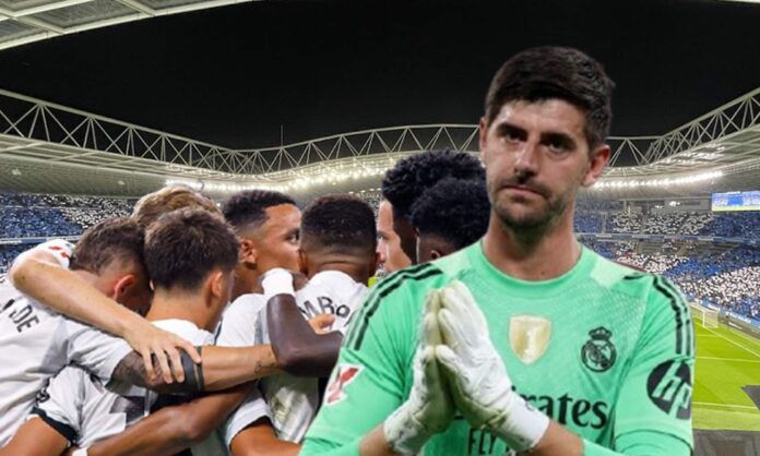 Thibaut Courtois, jugadores del Real Madrid celebrando un gol y el estadio de Anoeta.