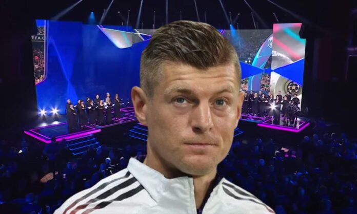 Toni Kroos y una captura de un sorteo de la Champions League.