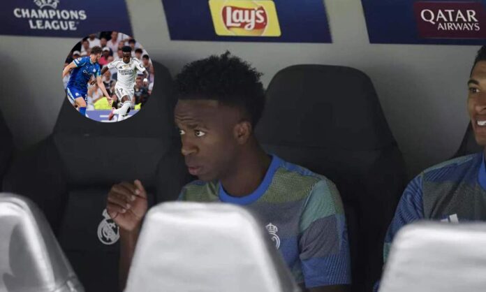 Vinícius Júnior en el banquillo del Real Madrid y una captura del brasileño jugando.