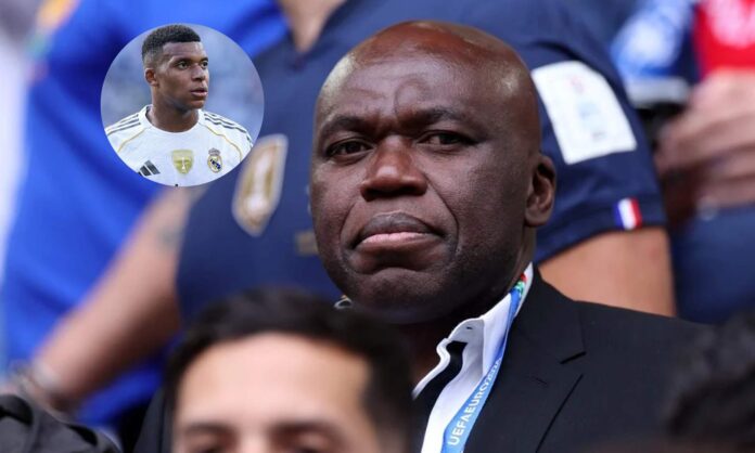 Wilfried Mbappé en una grada y una foto de Kylian Mbappé con el Real Madrid.