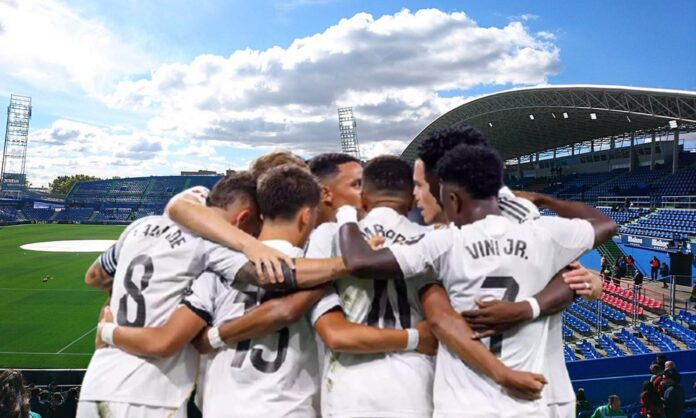 Jugadores del Real Madrid y el Coliseum, estadio del Getafe.