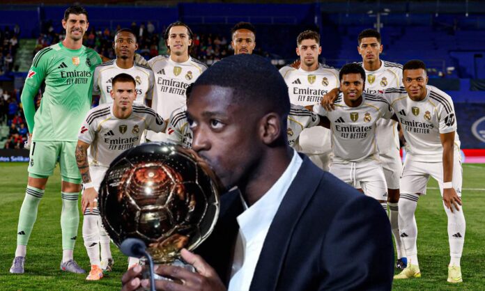 Ousmane Dembélé con el Balón de Oro y un once del Real Madrid. 