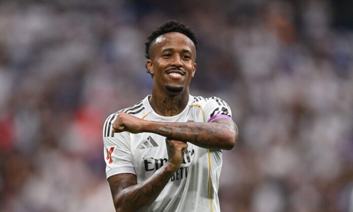 Eder Militao celebrando un gol con el Real Madrid. 