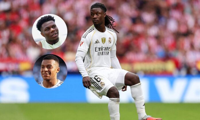 Eduardo Camavinga jugando con el Real Madrid y una foto de Kylian Mbappé y Aurélien Tchouaméni.