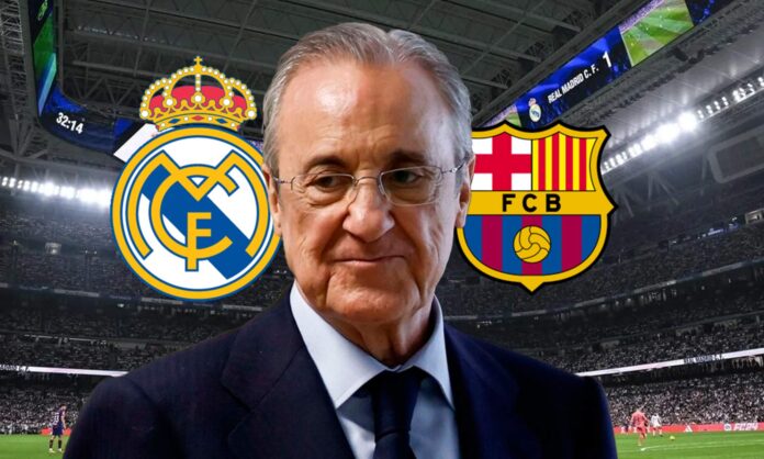 Los 2 fichajes que puede cerrar Florentino si el Real Florentino Pérez y los escudos del Real Madrid y el Barcelona.
