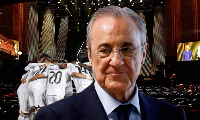 Florentino Pérez, la gala del Balón de Oro y jugadores del Real Madrid charlando.