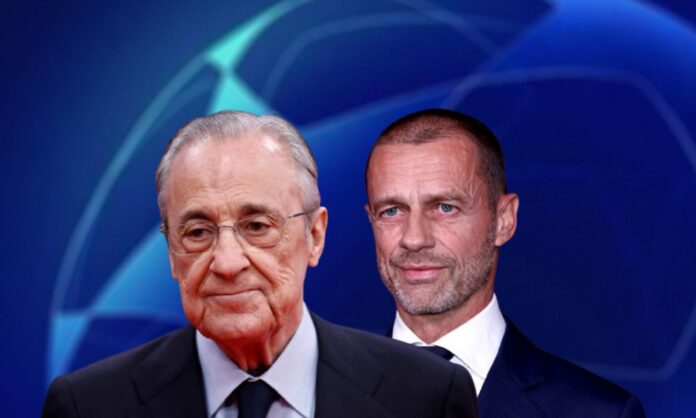 El Real Madrid anuncia que va a pedir una indemnización Florentino Pérez, Ceferín y wallpaper de la UEFA.