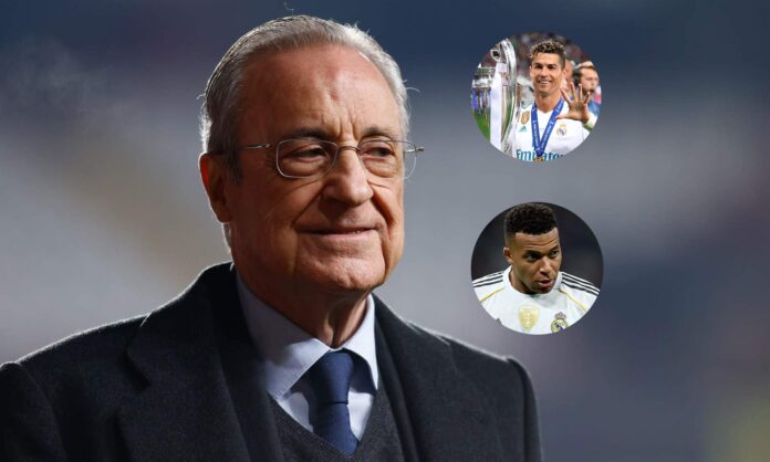 Florentino Pérez y una foto de Cristiano Ronaldo y Kylian Mbappé. 