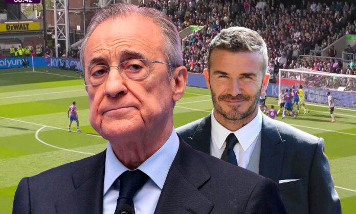 Florentino Pérez, David Beckham y una captura de un partido del Crystal Palace.