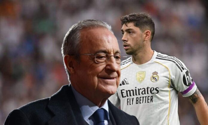 Florentino Pérez y una foto de Fede Valverde durante un partido.